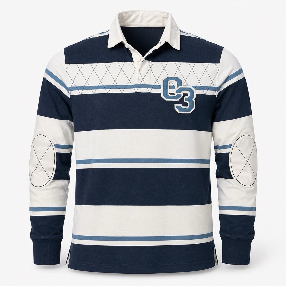 Sun + Stone Striped Rugby Polo Men's Medium Blue & White Stripe Elbow Patch
